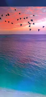 Serene sunset ocean with floating birds.