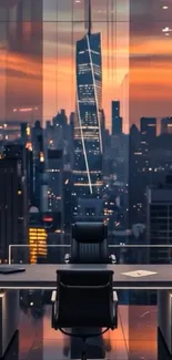 Office chair with a sunset city view through a glass window.