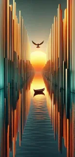 Stunning sunset with reflections and a bird silhouette over calm waters.