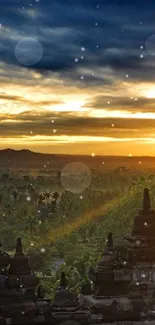 Golden sunset over Borobudur Temple with a scenic landscape view.