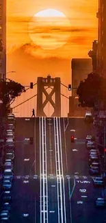 Mobile wallpaper of a cityscape with a golden sunset behind a bridge.