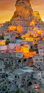 Cappadocia village at sunset with vibrant colors and rock formations.