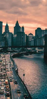 City skyline at sunset with bridge and water reflection.