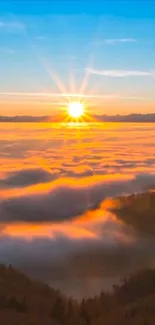 Sunrise over a cloud-filled valley, vibrant orange and blue hues.