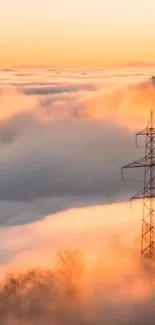 Sunset view over clouds with power lines, creating a tranquil scene.