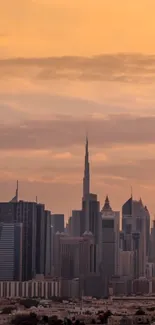 Beautiful sunset over the Dubai skyline with towering skyscrapers.