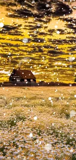 Sunset over a field with daisies and a rustic house.