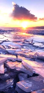 Majestic sunset over icy landscape with vibrant purple hues.