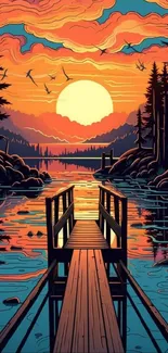 Illustrated sunset over a lake with a dock and birds.