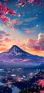 Digital art of Mount Fuji at sunset with cherry blossoms in vibrant colors.