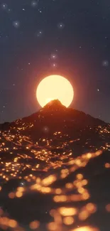 Mobile wallpaper of a glowing sunset over a mountain with a starry sky.