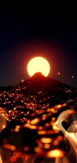 Digital art of sunset behind a glowing mountain.