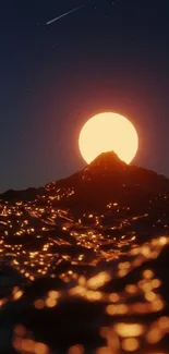 Sunset over mountain with glowing night sky and shooting star.