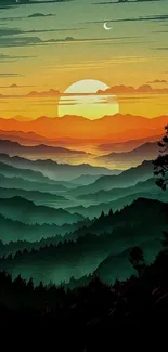 Layered mountains at sunset with a teal and orange gradient.