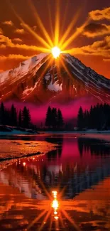 Sunset over a mountain with lake reflection.