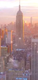 Beautiful sunset over New York City skyline with vivid colors.