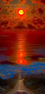 Surreal sunset over illuminated ocean cityscape from a highway.