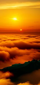 Silhouette of a ship against a vibrant orange sunset with clouds.