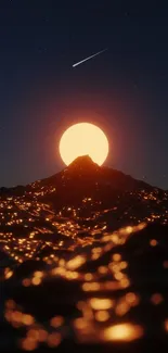 Glowing sunset over dark ocean waves with starry night sky.