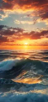 Ocean waves with vibrant sunset sky