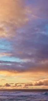 A stunning ocean sunset with dramatic clouds over waves.