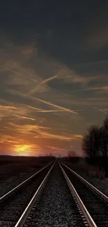 Sunset over railway tracks with trees and sky.