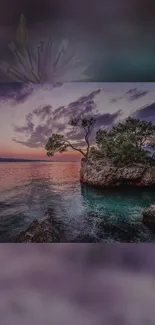 Scenic sunset over rocky island scene with vibrant colors and tranquil ocean waves.