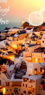 Santorini sunset with warm, glowing lights over white homes and serene ocean backdrop.