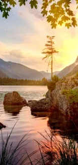 Vibrant sunset over a serene lake with lush mountains.