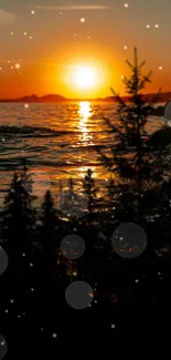 Golden sunset over a tranquil lake, silhouetted by trees.