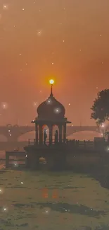 A serene temple by the river at sunset, bathed in warm orange hues.