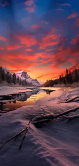 Beautiful sunset over snowy mountains wallpaper.