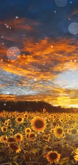 Sunset casts a warm glow over a sunflower field.