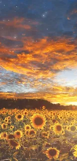 Orange sunset over vibrant sunflower field wallpaper.
