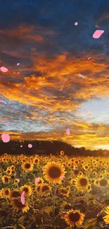 Sunflowers under a vibrant sunset sky, creating a captivating landscape.