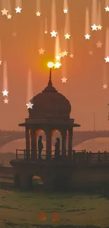 Silhouette of a temple during an orange sunset, creating a tranquil and serene atmosphere.