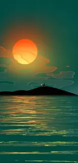 Sunset over calm waters with a silhouetted island.