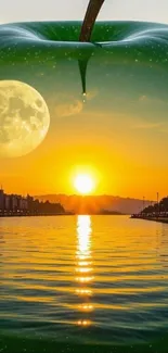 Sunset over water with a moon reflected inside an apple silhouette.
