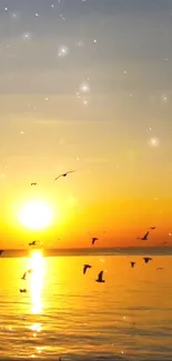 A serene sunset over water with birds flying in the golden sky.