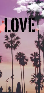 Purple sunset with palm trees and 'Love' text design.