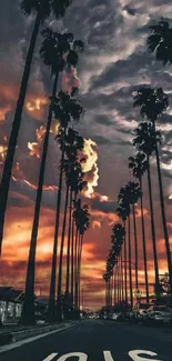 Palm trees at sunset with birds in the sky above dreamy architecture.