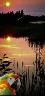 A colorful parrot with a sunset reflected over a tranquil lake.