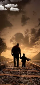 Father and child walking on a railway track at sunset.