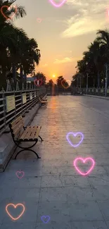 Serene sunset pathway with benches and palm trees