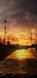 Vibrant sunset over a peaceful pathway, capturing serene nature.