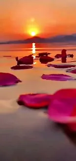 Beautiful sunset with petals floating on reflective water.