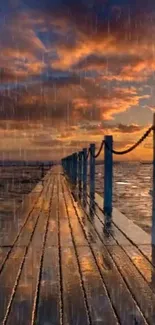 Sunset pier with rain and vibrant sky reflecting in ocean.