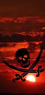 Pirate skull and swords against a dark red sunset sky.