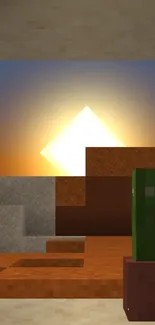 Pixel art sunset over desert scene with blocks and sun.