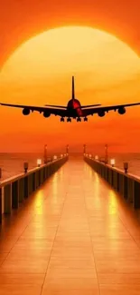 Airplane flying over ocean at sunset with glowing orange sky.